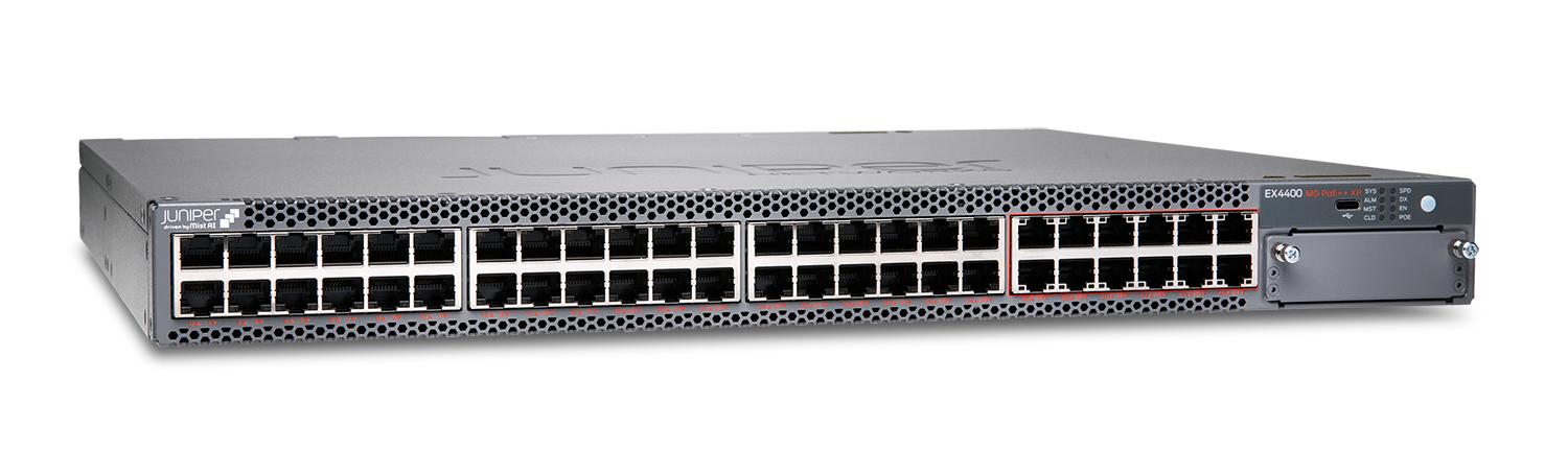 Juniper EX4400-48MXP - 48× 1/2.5/5/10GbE Multigigabit PoE++ Access Switch with 8× 100GbE QSFP28 Uplinks, Dual PSU, AFO/AFI Cooling Juniper EX4400-48MXP - 48× 1/2.5/5/10GbE Multigigabit PoE++ Access Switch with 8× 100GbE QSFP28 Uplinks, Dual PSU, AFO/AFI Cooling